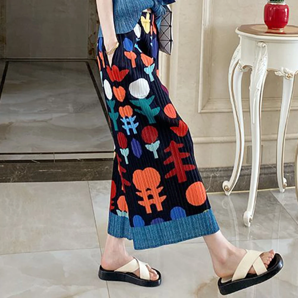 Folded niche  retro printing thin straight casual pants children's high-end summer drape eight-point nine-point pants