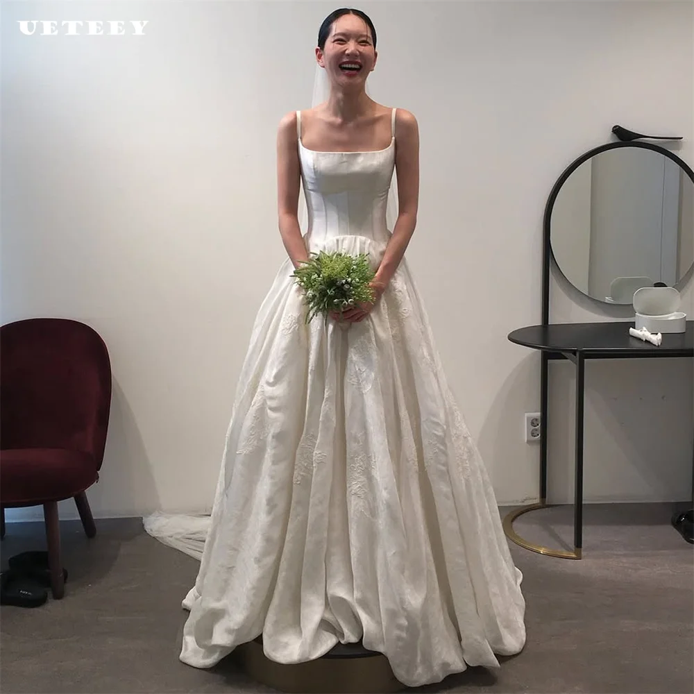 

UETEEY Customized Korea Simple Square Neck Sleeveless Satin Wedding Dress For Women A Line Lace Up Back Court Train Bridal Gown