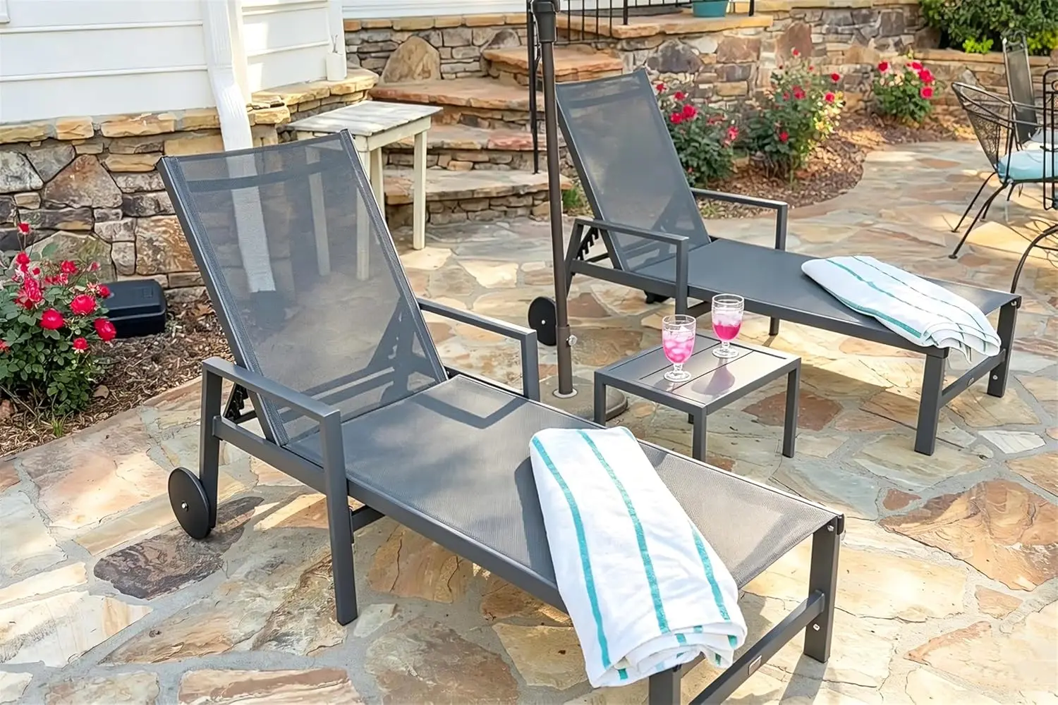 2 Pieces Outdoor Chaise Lounge Aluminum Patio Lounge Chair with Wheels and Armrests Outdoor Lounge Recliner Chair, Customized view 2