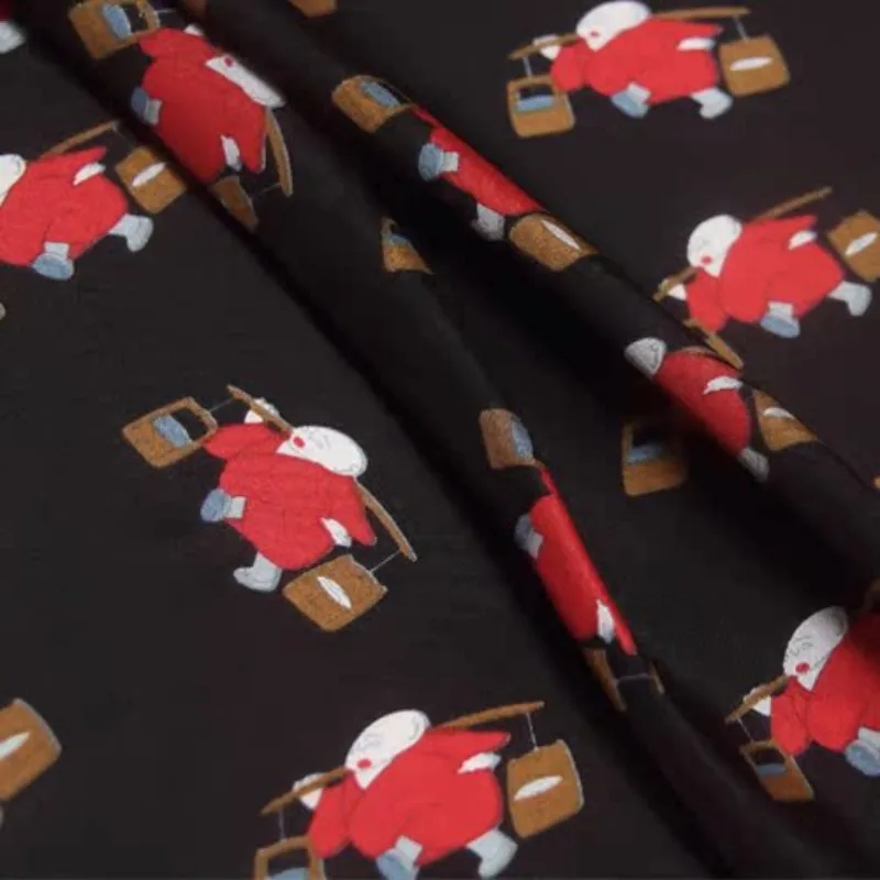 110CM Wide 12MM Thin Silk Crepe de Chine Fabric for DIY Sewing Summer Dress Pants Pajamas with Red Cartoon Print on Black R1856