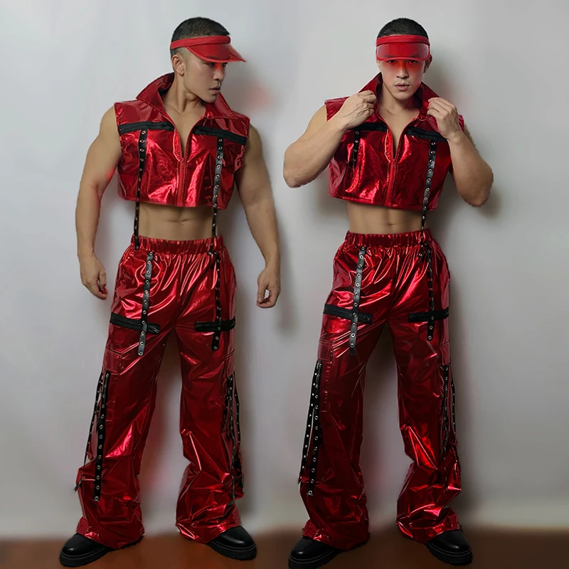 Mannen Hip Hop Jazz Outfit Gogo Danser Outfits Rood Stage Performance Kostuum Nachtclub Dj Ds Kleding Mannelijke Party Show Kleding 4932