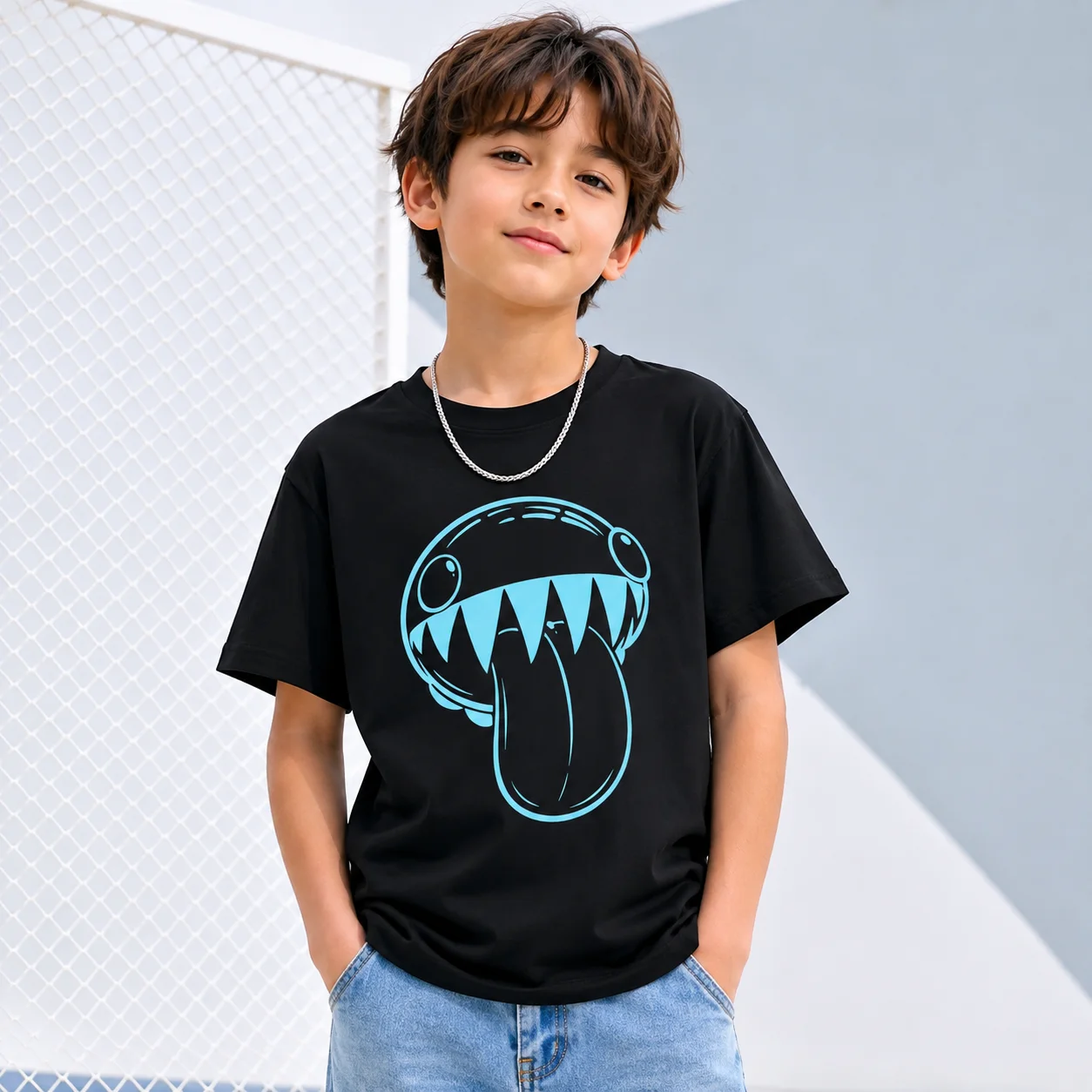 Men's Funny Cartoon Sharp Tooth Monster Graphic T-shirt Summer Casual Streetwear Crew Neck Tee Unisex Hip Hop Loose Cotton Tops