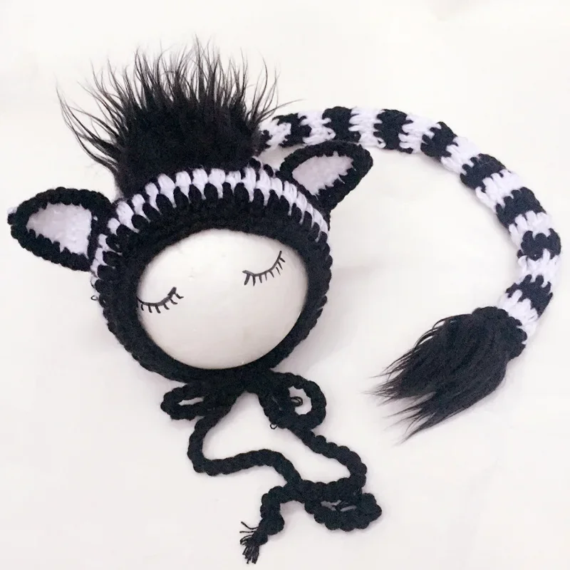 Newborn Photography Clothing Lion Zebra Design Woolen Knitted Baby Boy Girl Pictures Outfits Lionet Hat + Tail 2pcs Costumes