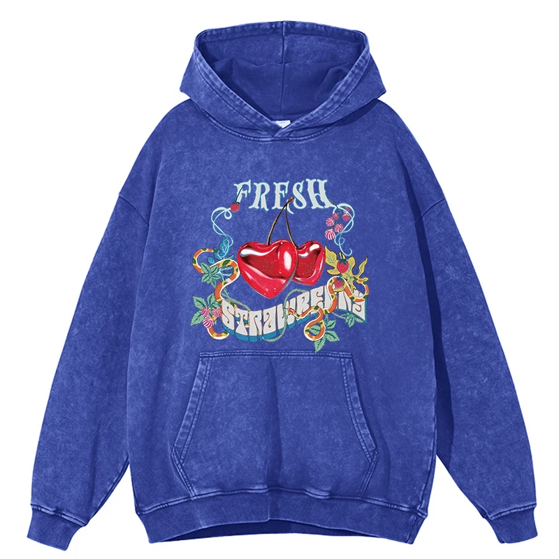 

Autumn Woman Acid Wash Hoodies Fresh Cherry Carnival Party Printing Clothes Pocket Oversize Cotton Pullovers Casual Female Hoody