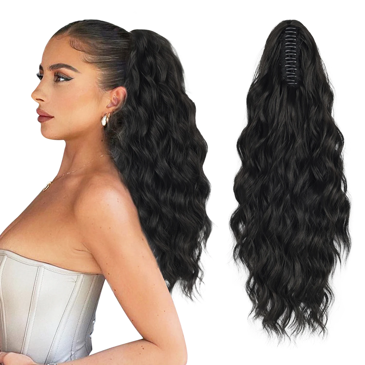 

Synthetic claw ponytail hair extensions 18inch water wave ponytail heat resistant hairpieces for women girls daily party use