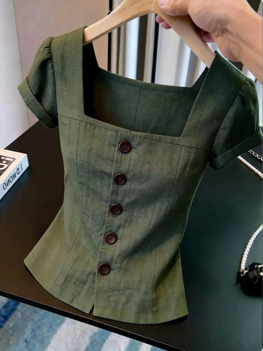 Korean Style Commute Versatile Slim Fit Short Sleeve Shirt Summer Design Single Button Square Collar Top Women's Silk Blend