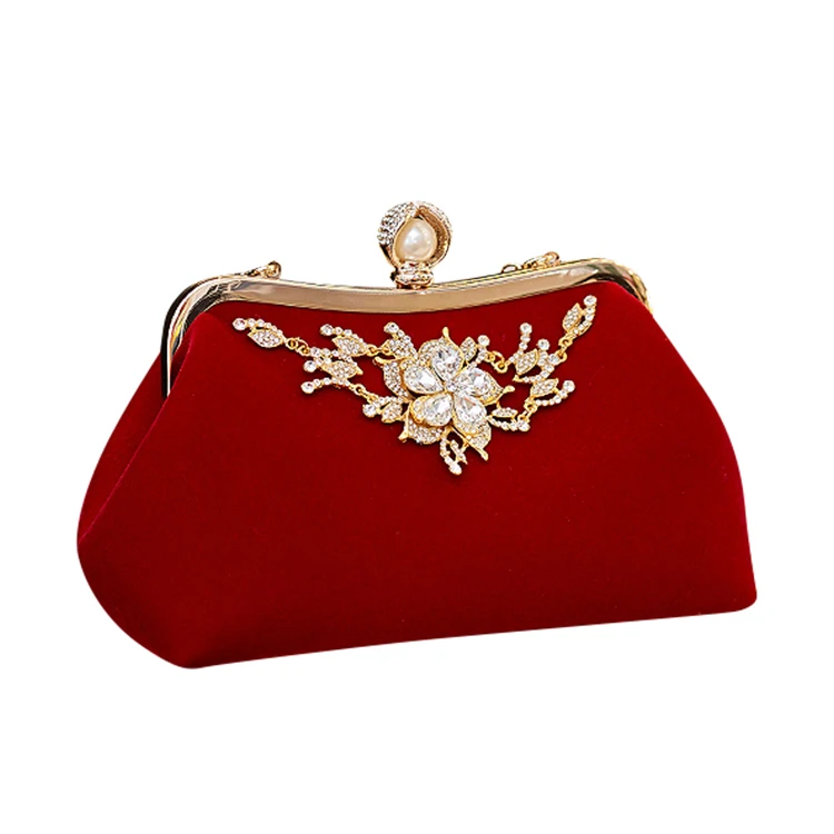 Female Diamond Pearl Handbag Vintage Crystal Flower Evening Bag Wedding Party Bride Clutch Bag Purse（Red）