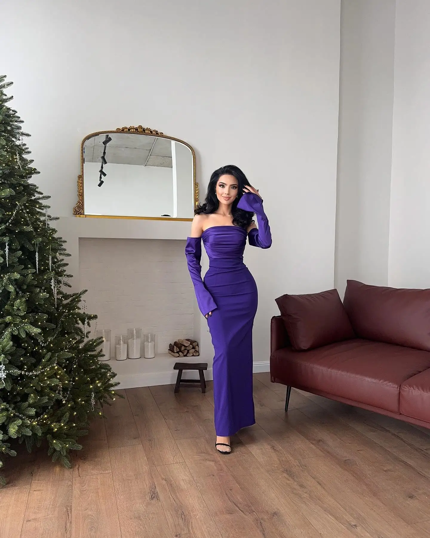 Customized Graceful Strapless Off the Shoulder Long Sleeves Evening Dress Temperament Pleats Satin Purple Vestido De Noche