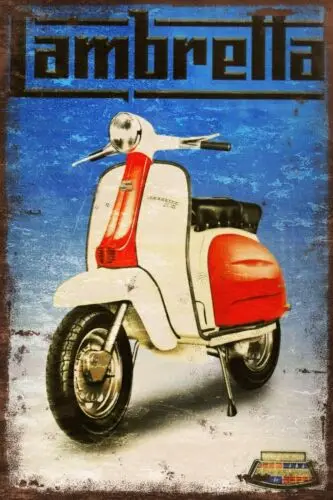 Lambretta Red White & Blue Bike Advert, Aged Look Vintage Retro Style Metal Sign