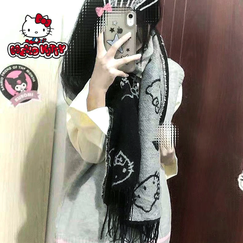 Hello Kitty Sanrios Anime New Section Autumn Winter Japanese Cartoon Cute Teenage Heart Knitting Scarf Christmas Toys Gifts