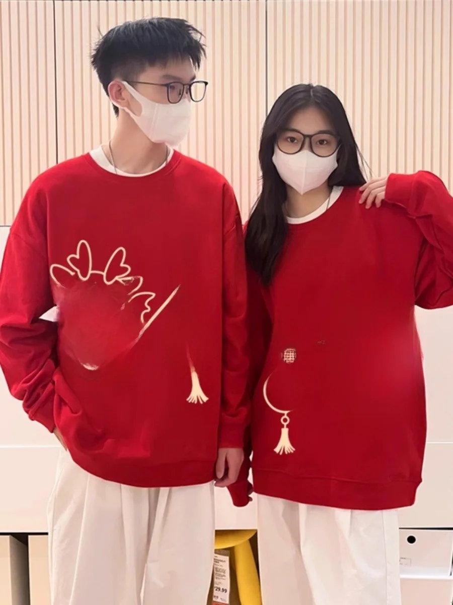 

plus Size 300 Pou Red Dragon Year Couple Hoodies Men Women New Year Top Korean Sle round Ne Long Sve Loose Fit