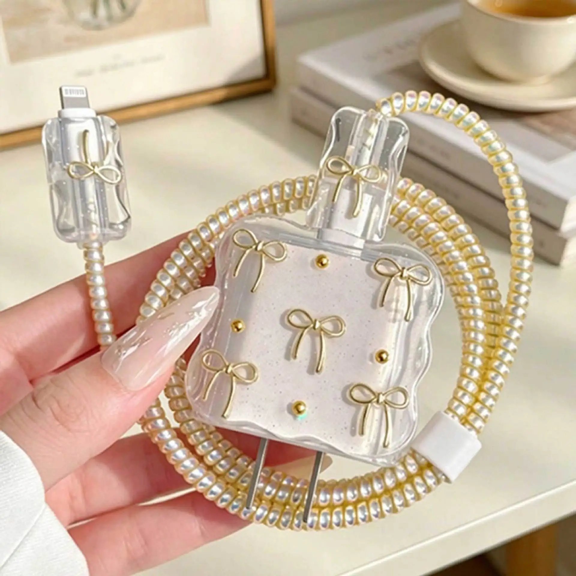 Korean Clear Golden Bow Charging Data Cable Protector Winder Accessories for iPhone 18/20w Cartoon Charger Protective Cover