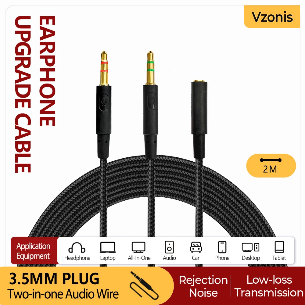 Headset Upgrade Cable Two-in-one Audio Line with 3.5MM Male to Female Jack Plug for Kingston Cloud Core Alpha Hyper Cloud II