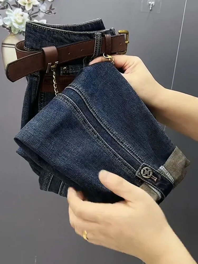 Imagem -06 - Jeans Reto de Cintura Alta para Senhoras Ajuste Solto Calça Jeans Haren Stretch Jeans na Largura do Tornozelo Tamanho Grande 4xl Primavera e Outono 2023