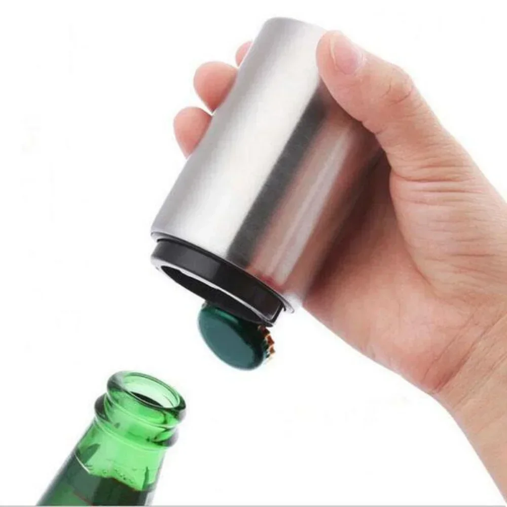 Automatic Beer Bottle Opener with Magnet, Stainless Steel Push-Down Opener for Wine, Beer, and Soda Caps, Kitchen Accessories