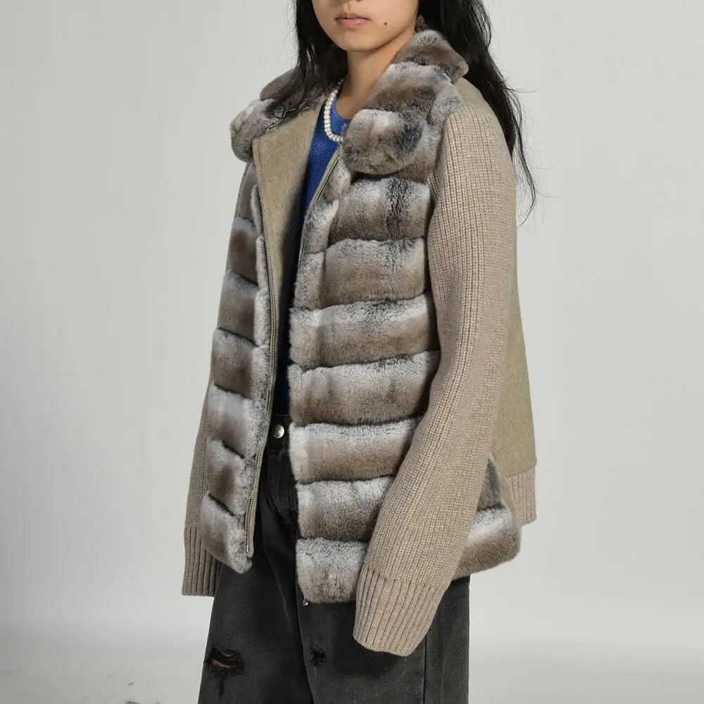Luxyonuo المرأة ريال ريكس الأرنب الفراء سترة السيدات موضة اليوسفي طوق معطف الفرو المرقعة متماسكة الأكمام معاطف الصوف مع الفراء
