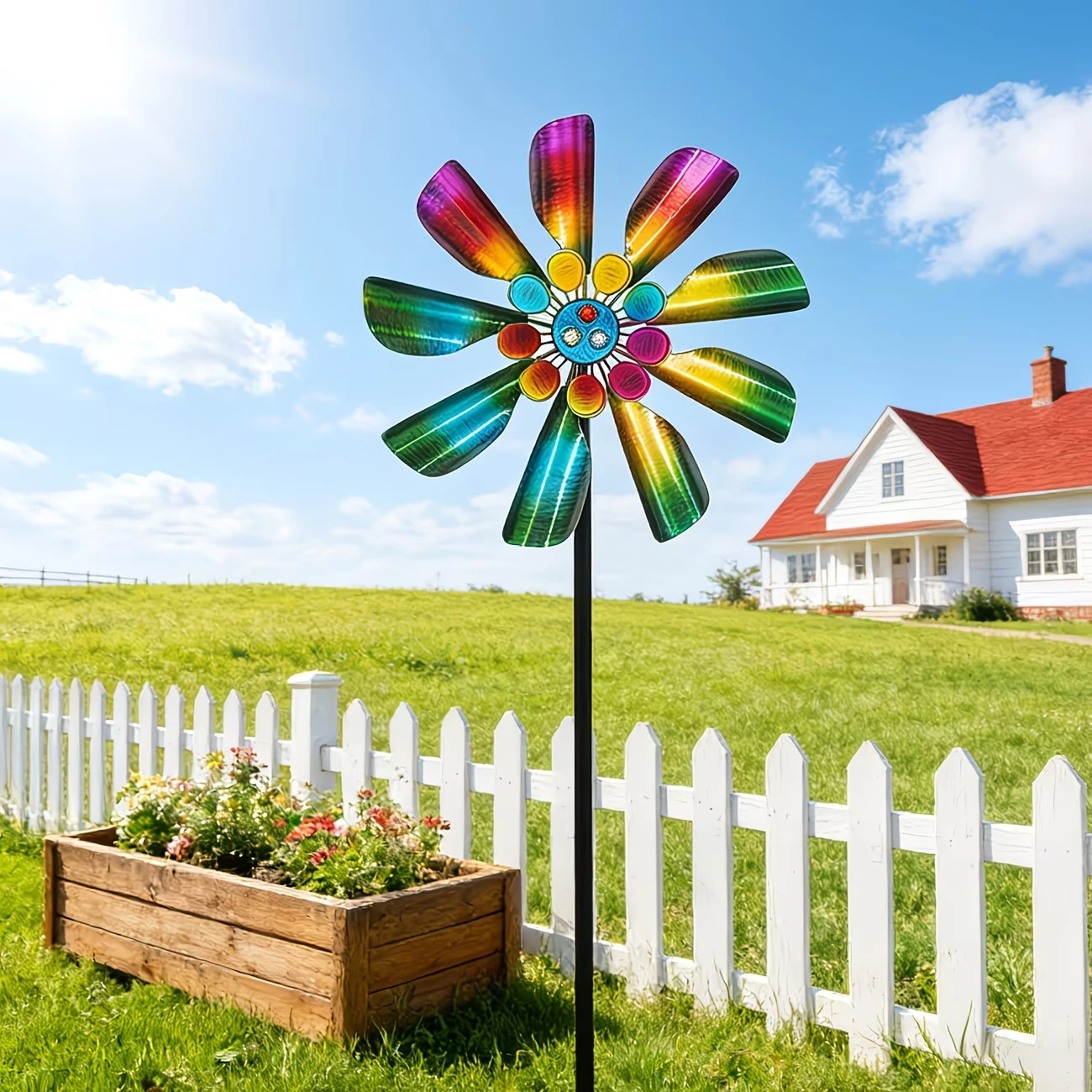 Rainbow Color Single Layer Petal Metal Wind Spinner Garden Yard Decor Stake