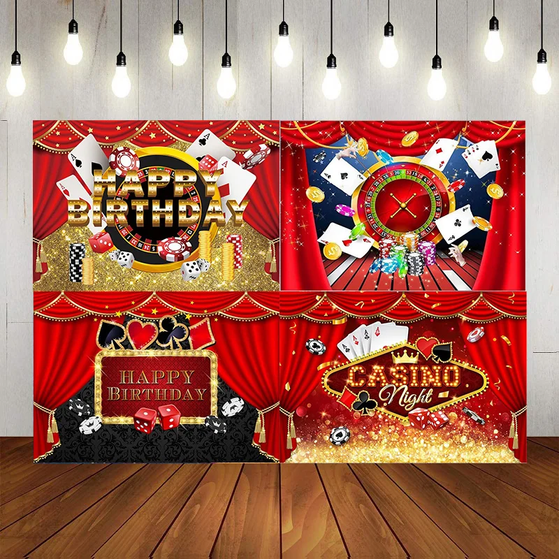 Las Vegas Casino Roulette Playing Card Red Curtain Backdrop Birthday Party Photography Background Decoration Banner Poster Photo