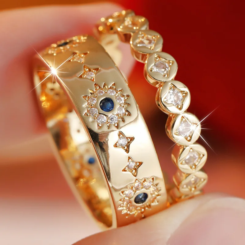 2pcs/set Ladies' Fashion Star Sun Pattern Ring Set Embellished with Synthetic Zircon Exquisite Ring Daily Party Casual Jewelry