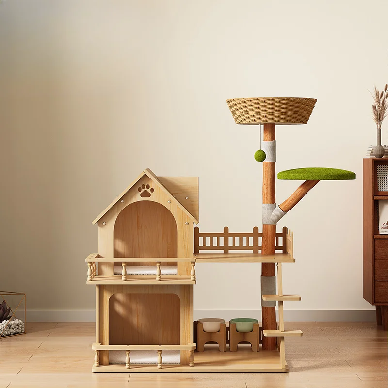 

Cat climbing frame, nest tree integrated solid wood, small and non occupying, sisal rattan woven toy