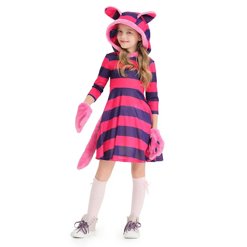 Kids Cosplay Striped Grin Cat Girl Dress Performance Costume