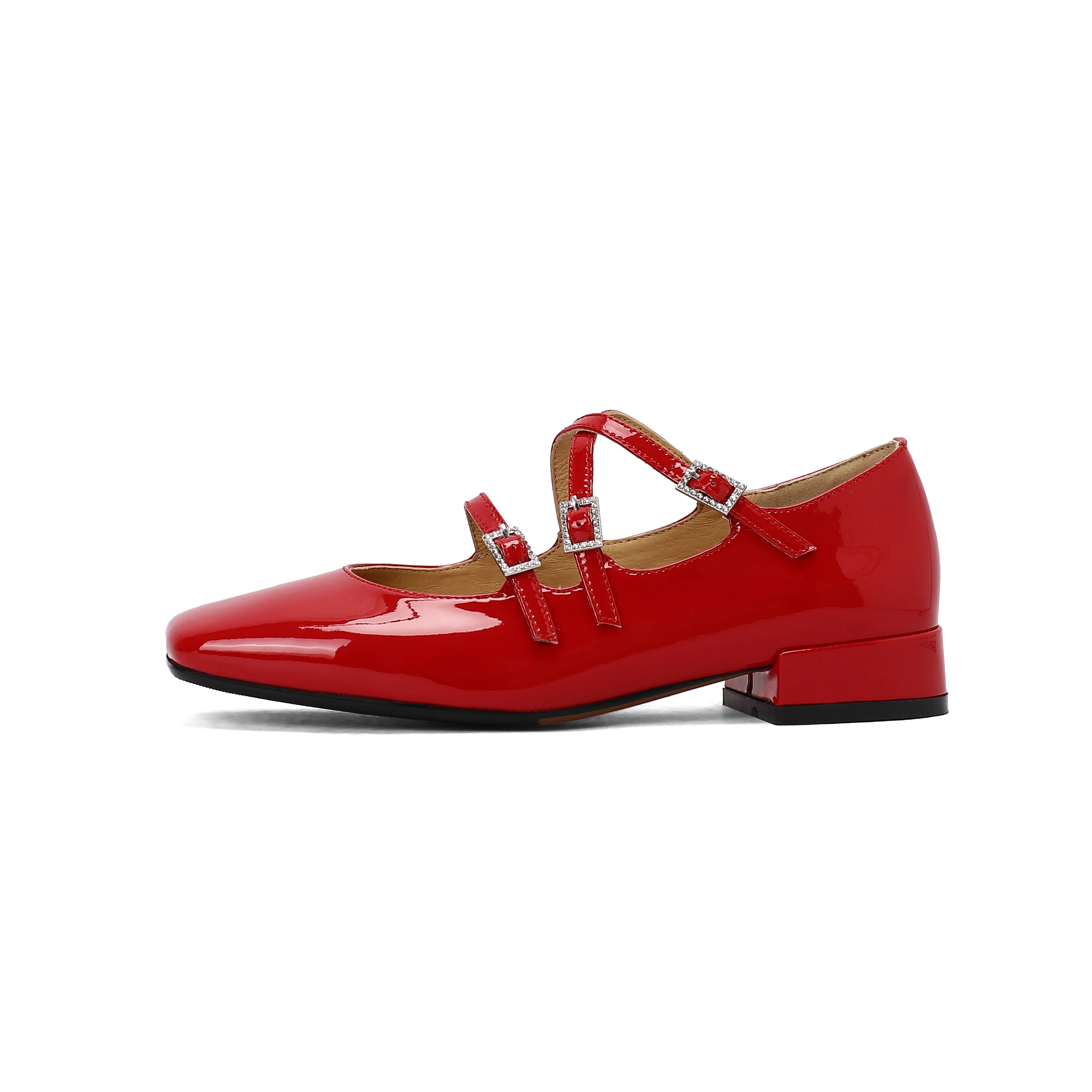 

2025 Spring Red cowhide Mary jane shoes Square-head Shallow Cross buckle Low heel Single shoe Flat Shoes