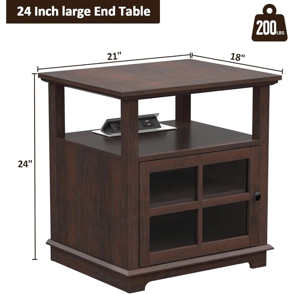 21 Inch Side Table with Bedroom Charging Station, Farmhouse Rustic Style Wood Sofa Side Table Set of 2 with Large Storage