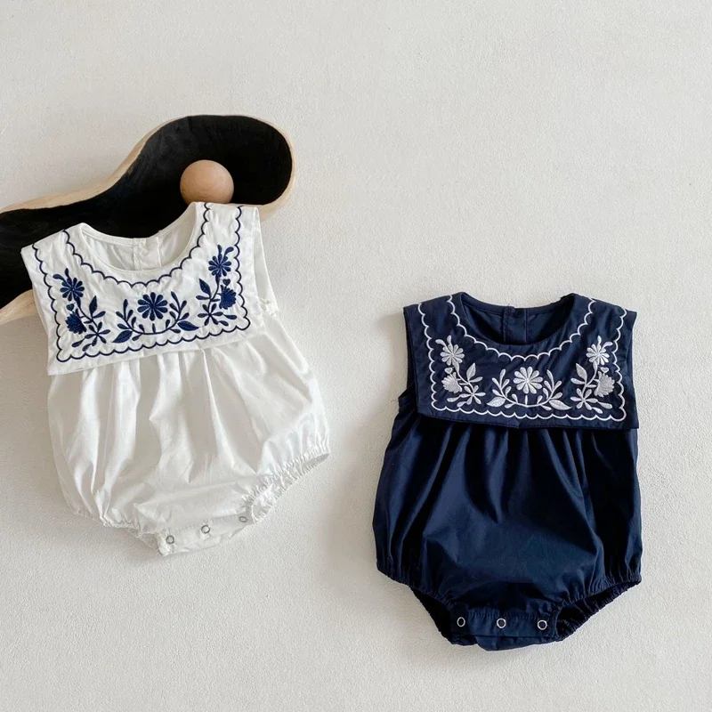 

Summer Baby Girls Romper Cotton Linen Bodysuit Infant Rompers Newborn Clothes Navy Collar Embroidered Sleeveless Rompe