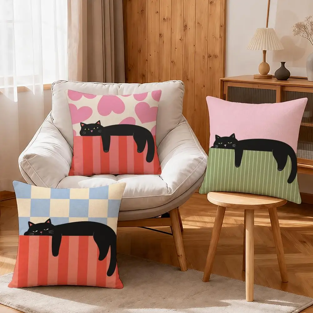 Cartoon Funny Scratching Black Cat Cushion Cover Linen Anti-Mite Antibacterial Cushion Cover Invisible Zipper Sofa Decor