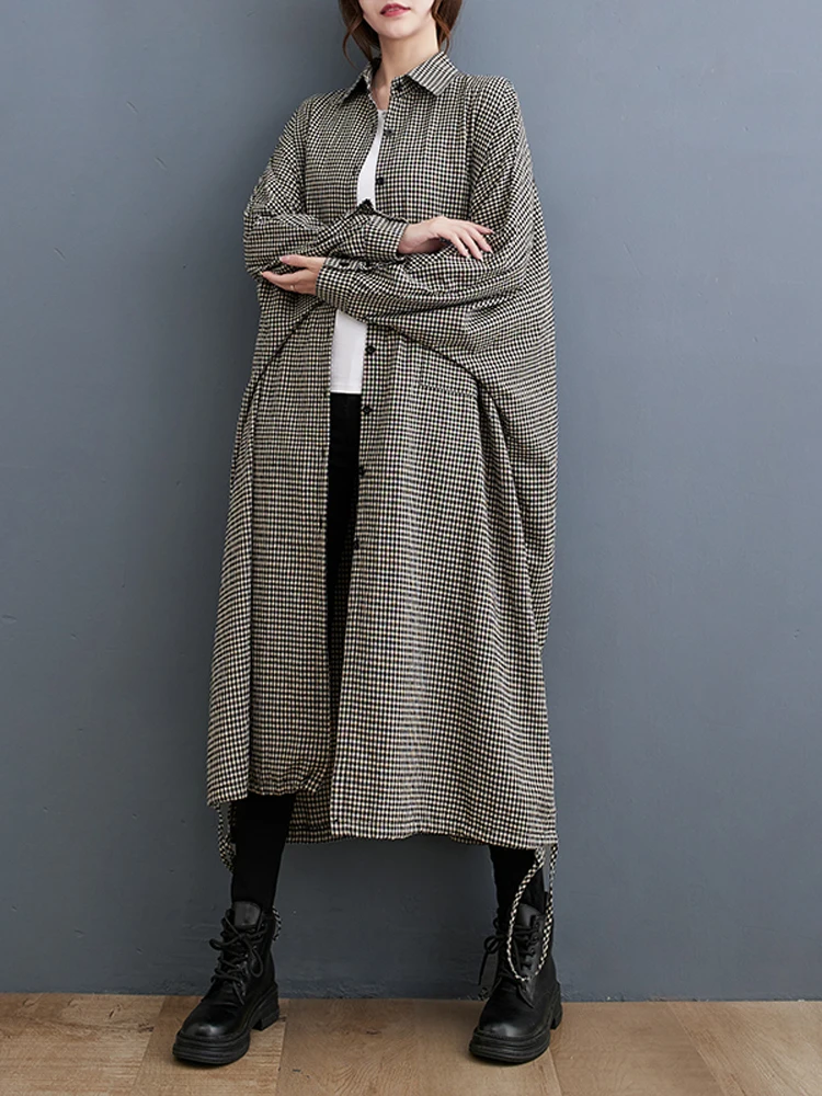 NYFS-فستان قميص نسائي فضفاض منقوش بأكمام طويلة ، فساتين قطنية ، رداء من الكتان ، Elbise ، كوريا ، خريف ، جديد ، 2023 #1