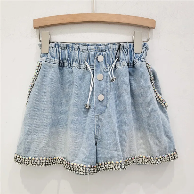 Shorts Women Denim Short Pants Diamonds Elastic Waist Drawstring Button Summer Streetwear Vintage Washed Distressed Jeans