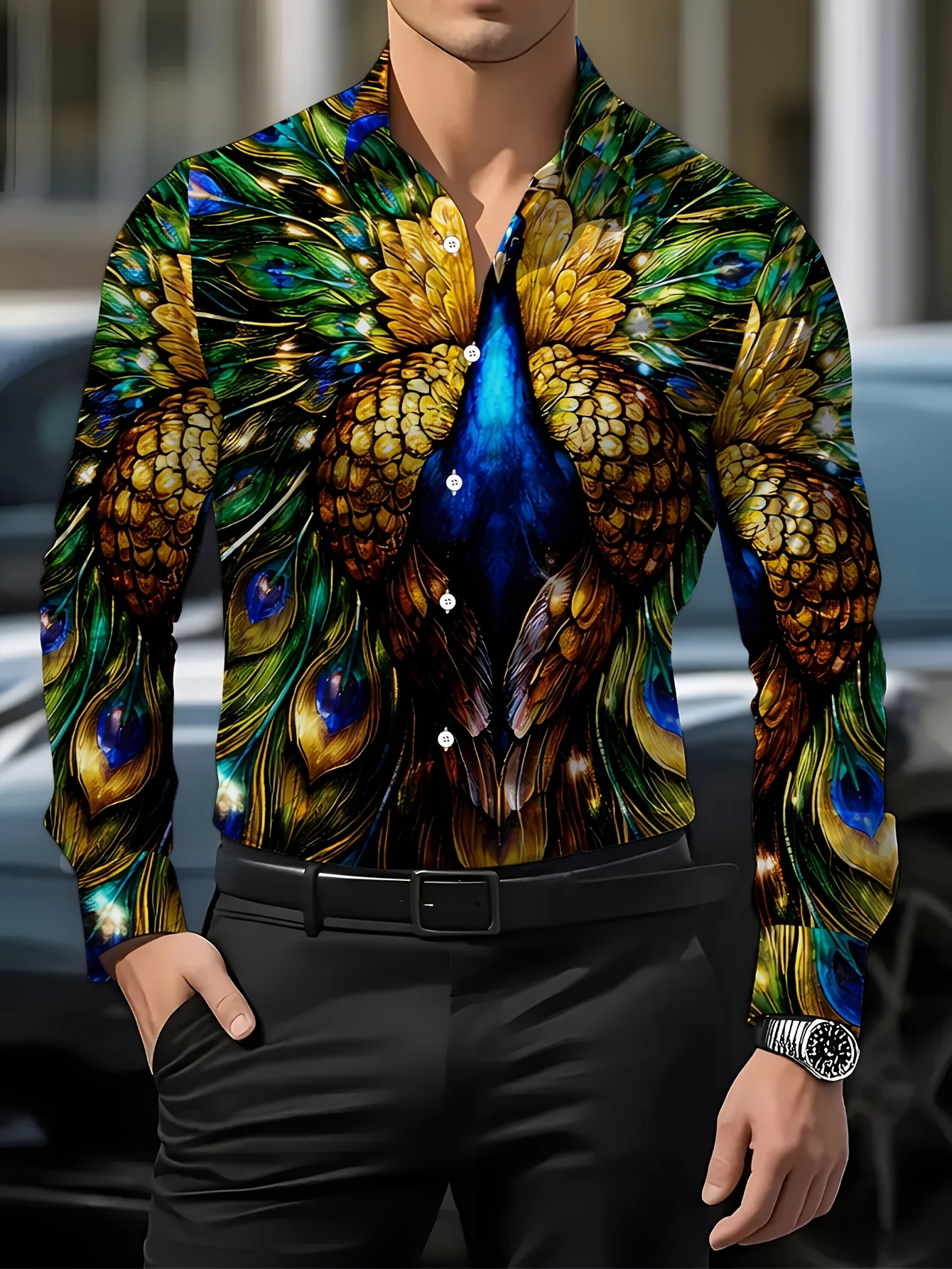 Luxury Style Men Lapel Collar Shirt Vibrant Green Blue Gold Peacock Plumage Print Polyester Long-Sleeve Blouse