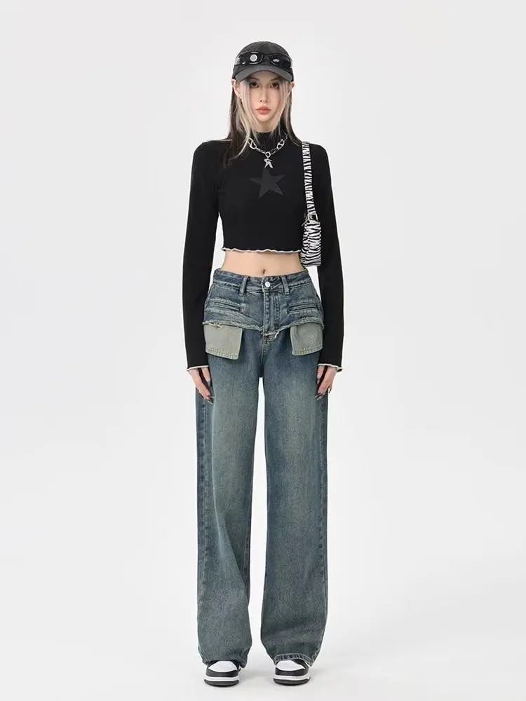 

Spring/Summer New Vintage Straight Leg Jeans With Blue Patched Pockets, Wide Leg Pants, Floor Slam Pants, Loose Women's Jeans