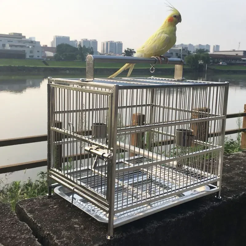 Jaula para pájaros al aire libre, alimentador portátil para loros, transportador de periquitos, jaula para pájaros de acero inoxidable, jaula para animales, accesorios para pájaros