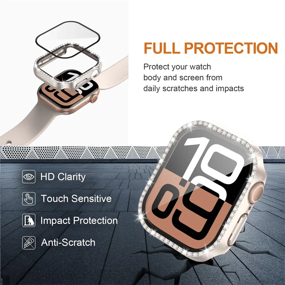 Glass+Diamond Cover For Apple watch case 46mm 44mm 42-41mm 45mm 40mm Bling Bumper Protector iWatch series 10 9 8 7 6 5 4 se case