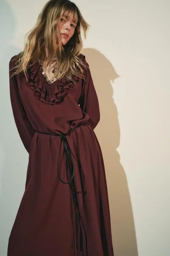 

Dress BB5838 Autumn/Winter New Product Women's Clothing French Gentle Style V-neck Stacked Decorative Long Sleeve Midi Dress