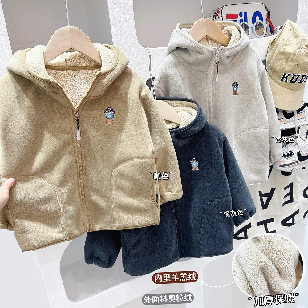 Autumn Winter 2024 Childrens Boys Outerwear Zipper Hooded Thick Lamb Fleece Kids Boys Jacket Velvet Warm 3-10 Years Boys Coat