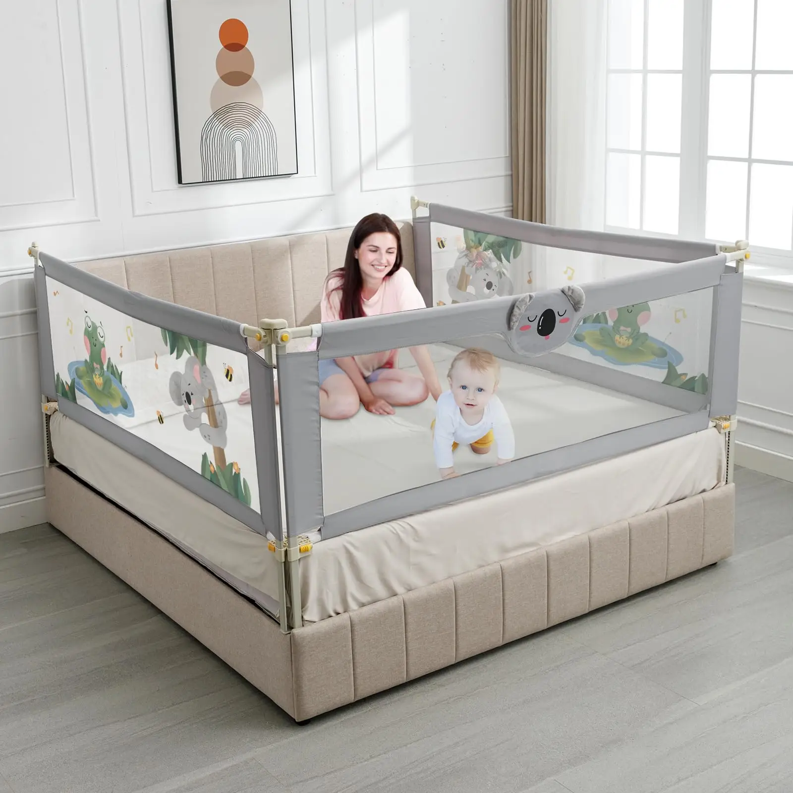 Riel de cama con patrón de Koala para niños pequeños, 3 piezas, protector de riel para cama de bebé, 25 niveles de altura, valla de cama ajustable, cama plegable 3 en 1