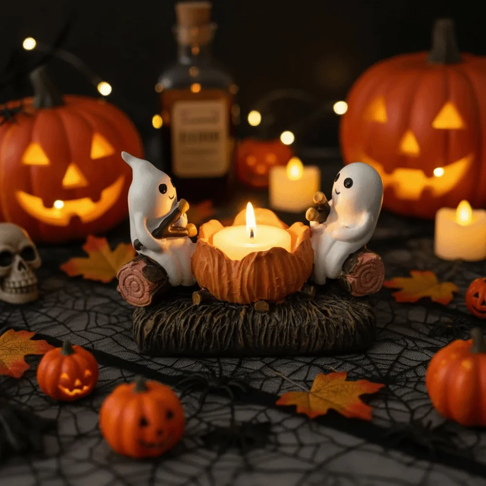 Cartoon Ghost Campfire Flickering Candle Holder Resin Decorative Halloween Desk Ghost Torch Figurine Removable Firewood Pile