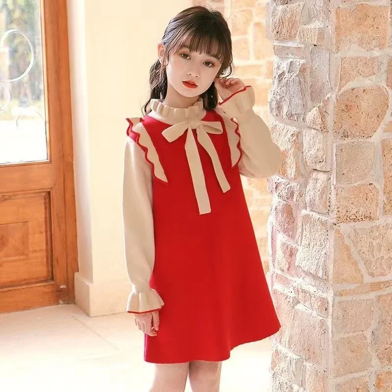 Girl\'s Dress Spring and Autumn Childrens Long Sleeved Knitted Dress Fashionable Girl\'s Middle School Princess Woolen