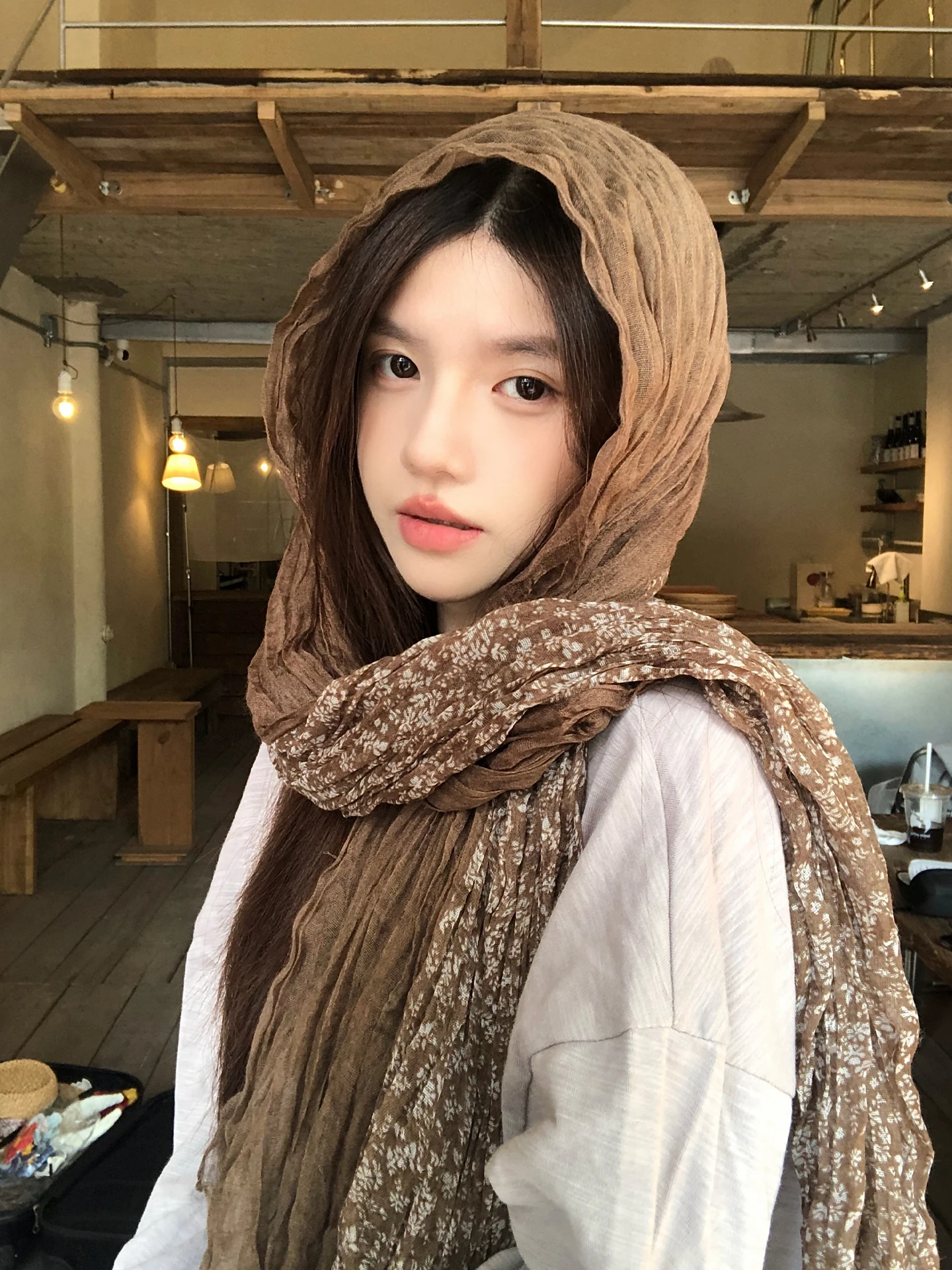 Brown Floral Patchwork Scarf Shawl Women's Autumn Winter Vintage Ethnic Style Photography Accessory Artistic Feel Retro Match