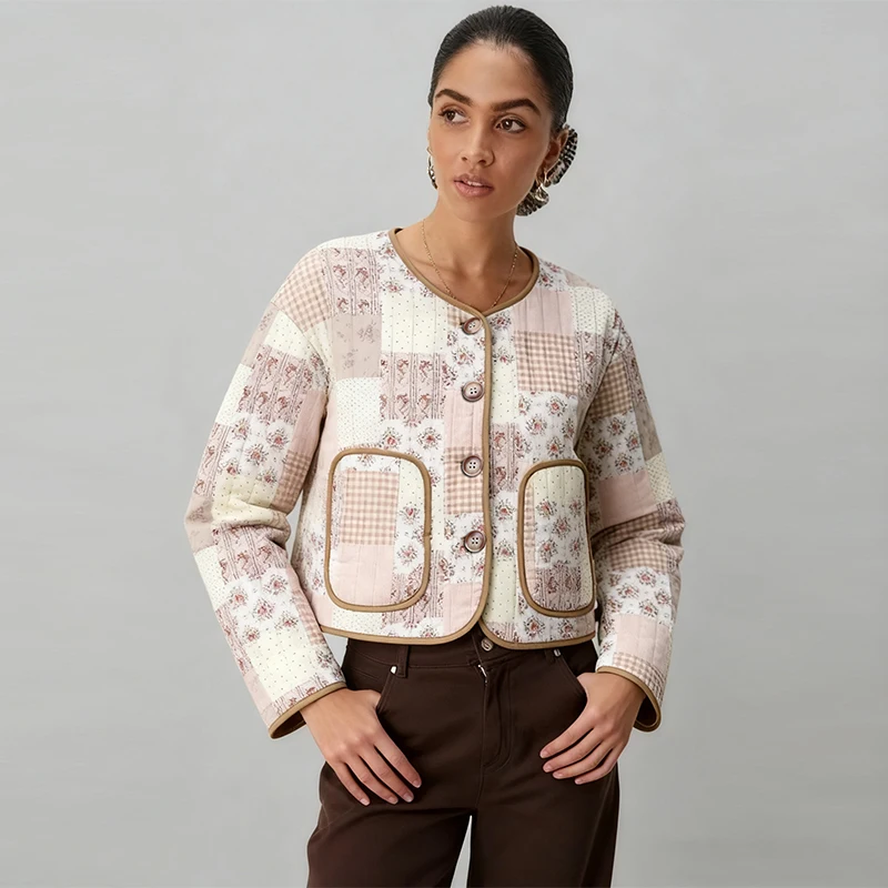 

New Women's Floral Print Quilted Jackets Woman Long Sleeve Pockets Vintage Winter Casual Streetwear Fashion Female Outwear Coats