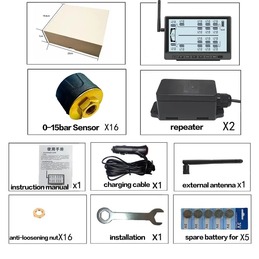 Hot Selling Auto 8 12 16 22 Wheel TPMS Tyre Pressure Monitoring System Sensor 433.92Mhz Truck RV Tire Pressure Trailer