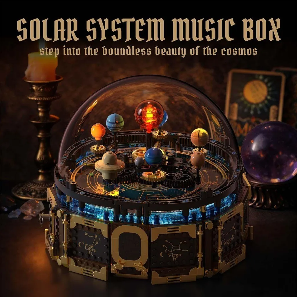 Solar System Rotating Music Box Building Blocks | Light‑Up Revolving Planets, Retro Star Map Music Box, Romantic Starry‑Sky Collectible Gift