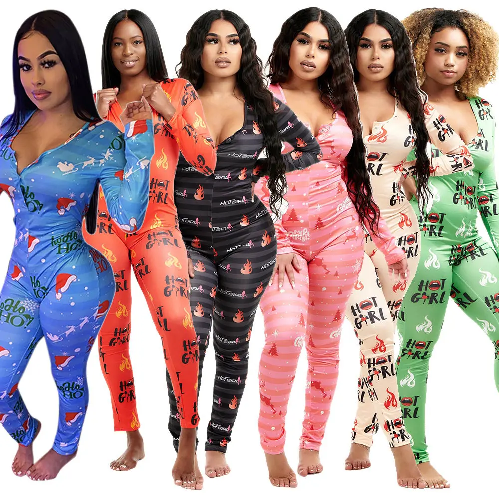 Onesie Frauen Mode Liebe Herz Druck Taste Frauen Overall Sexy V-ausschnitt Winter Langarm Pijamas Valentines Tag Geschenk Nachtwäsche