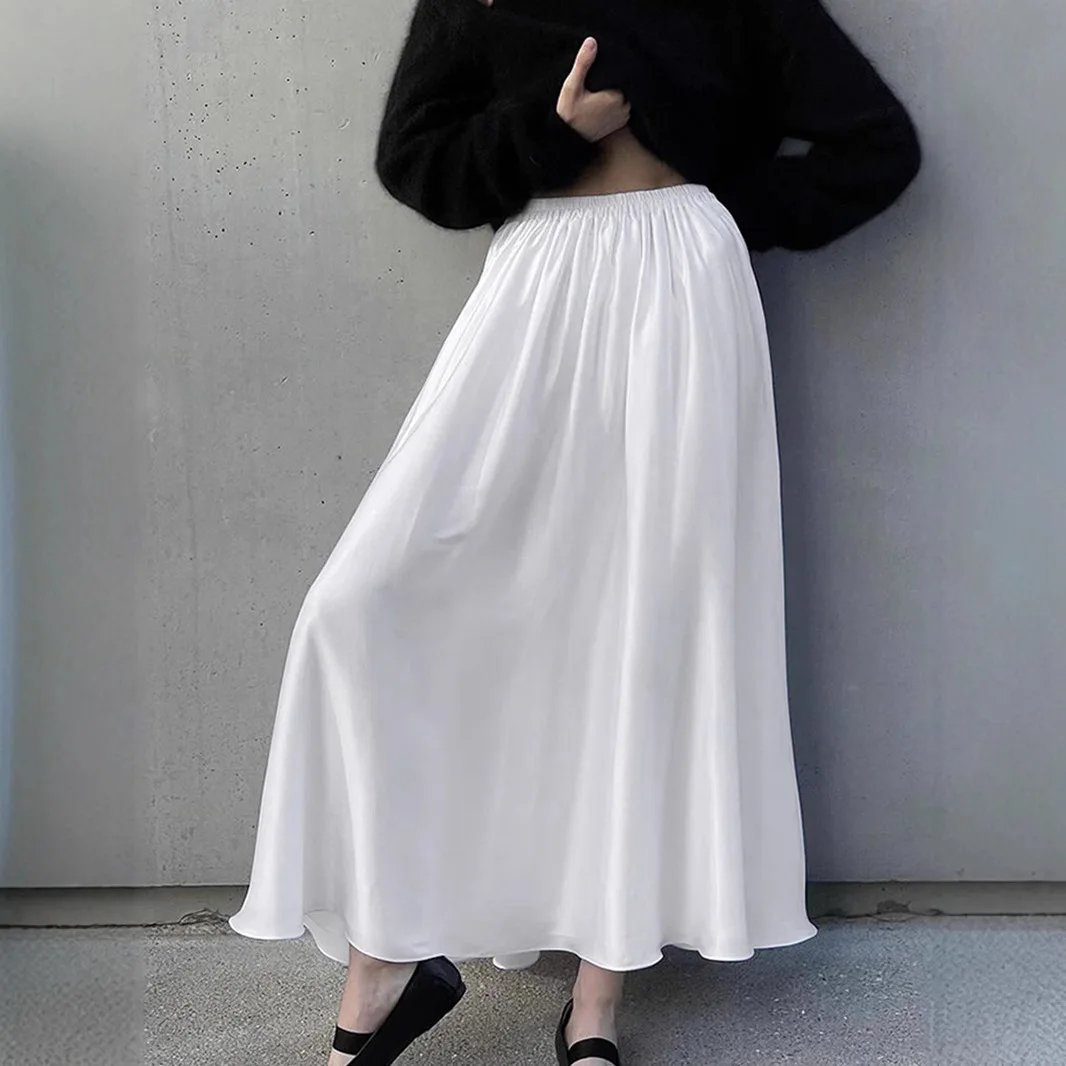 Elegant White Satin Satin Dress Spring 2026 Vertical Pleated A-shaped Big Swing Skirt High Waist Skirt Women's Clothing