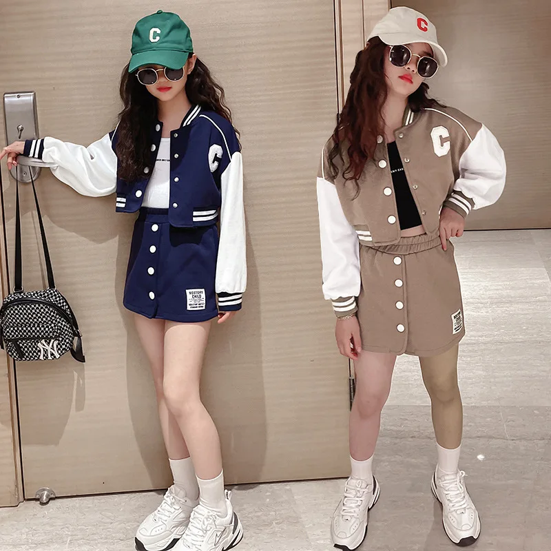 Teenager Patchwork Button Black Crop Top Coats A-line Skirt Set Varsity Bomber JacketBaseball Girls Spring Autumn Clothing Set