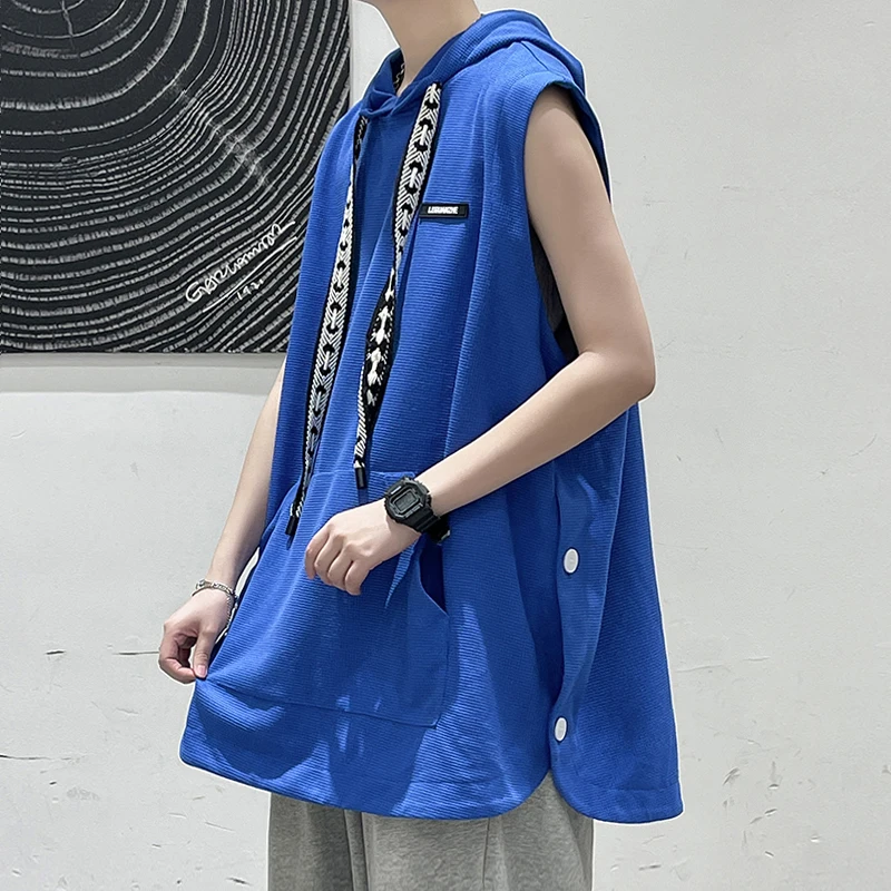 

Hooded Vest Men Instagram Hot Summer Waffle Sport Sleeveless Slit T-shirt Port Chic Hipster Thin Coats Men Dropshipping