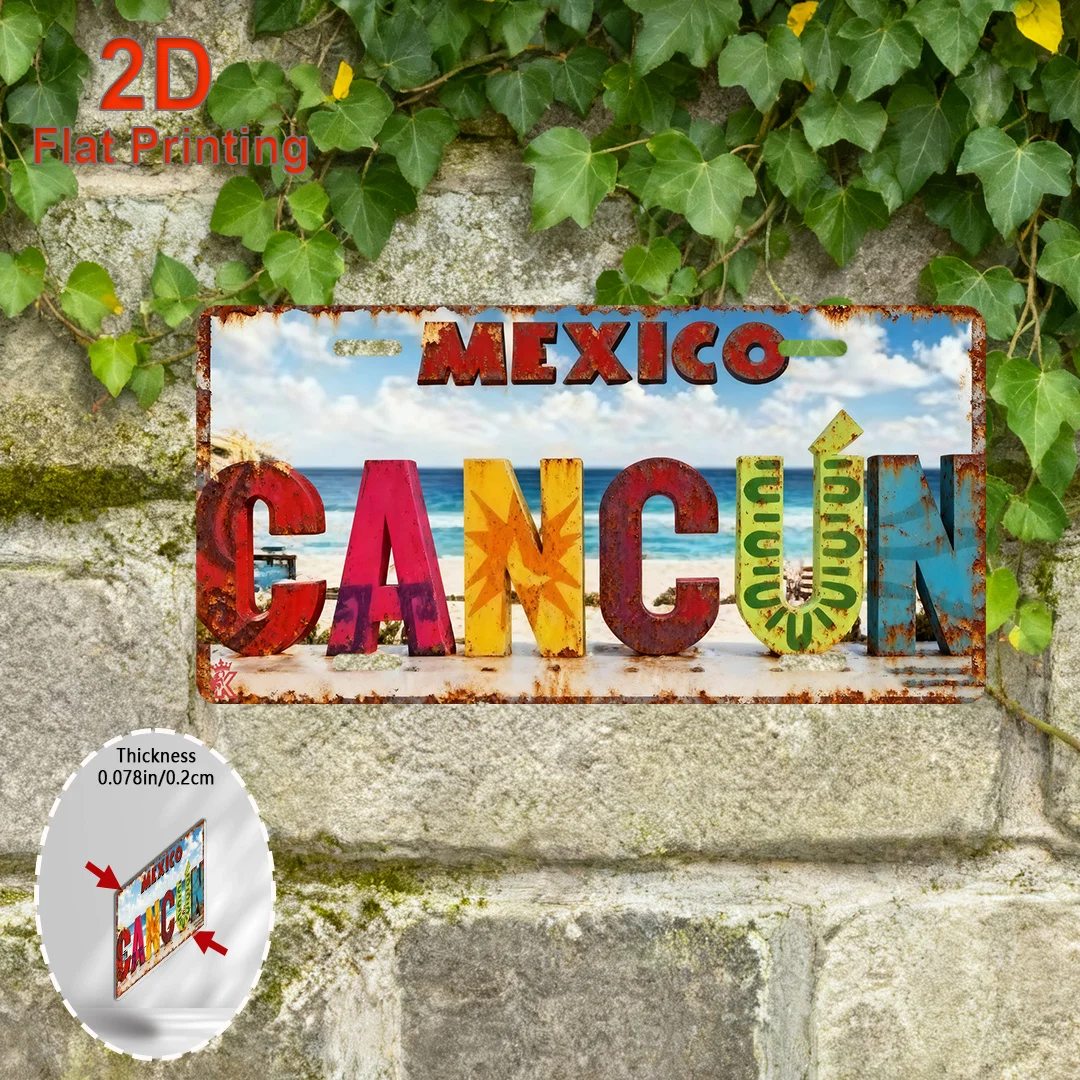 2D Flat，1pc Vintage Mexico Cancun Aluminum Wall Plaque, Lightweight Travel Souvenir For Home, Office, Or Vacation Home