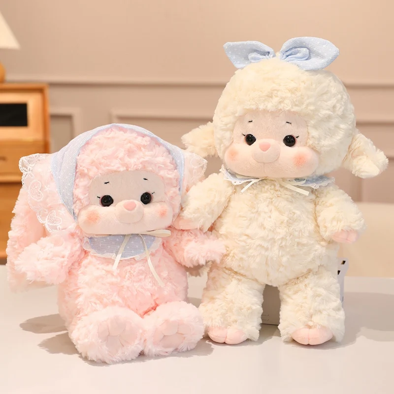 

Darling Little Sheep Rabbit Plush Toys High Quality Fluffy Cartoon Lace Headscarf Doll Gentle Kids Appease Doll Sweet Xmas Gift